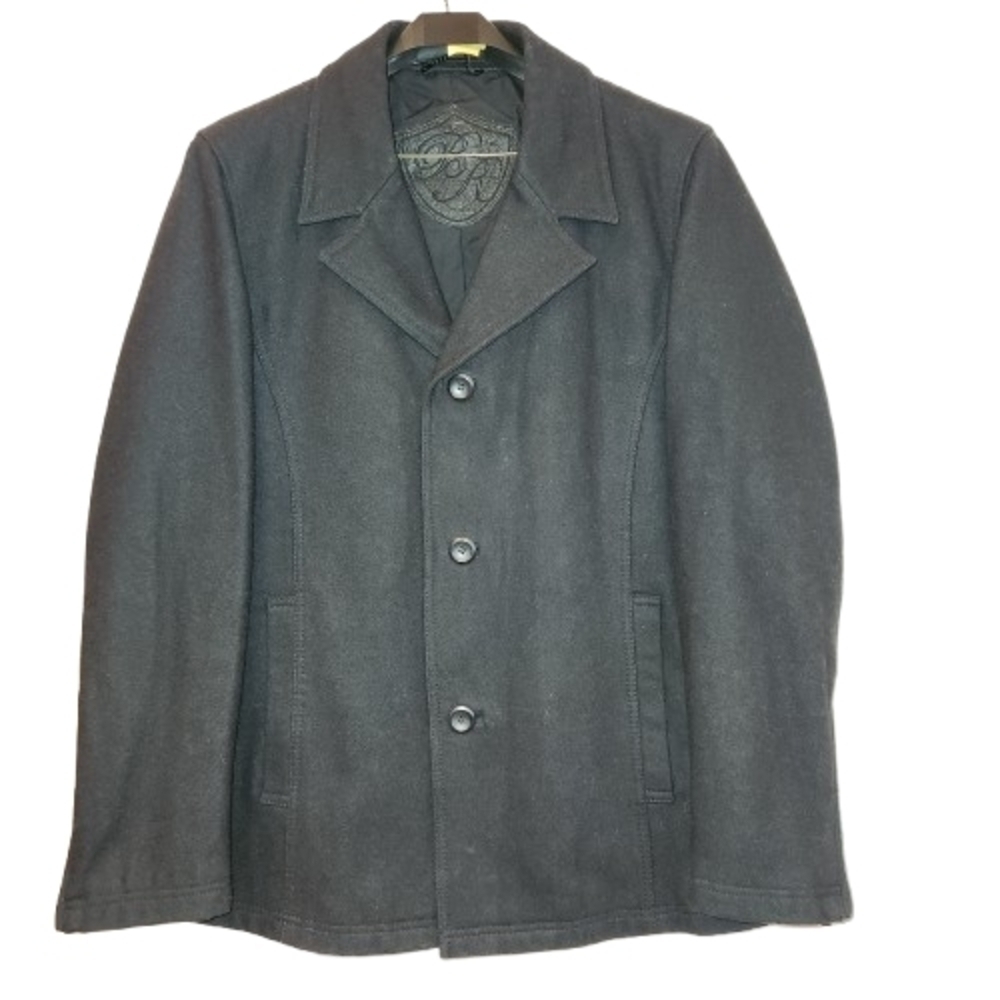 Men's Black Rivet Wool Blend Pea Coat Size L Zipper Cuffs Front & Inner Pockets